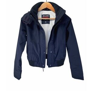 Hollister Navy Blue All-Weather Jacket Fleece Lined Removable Hood XS No Fur